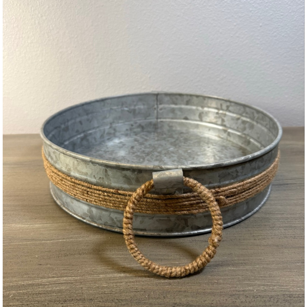 Farmhouse Galvanized Metal Tray 12” Round Rope Handle Serving Centerpiece Decor - Picture 8 of 10